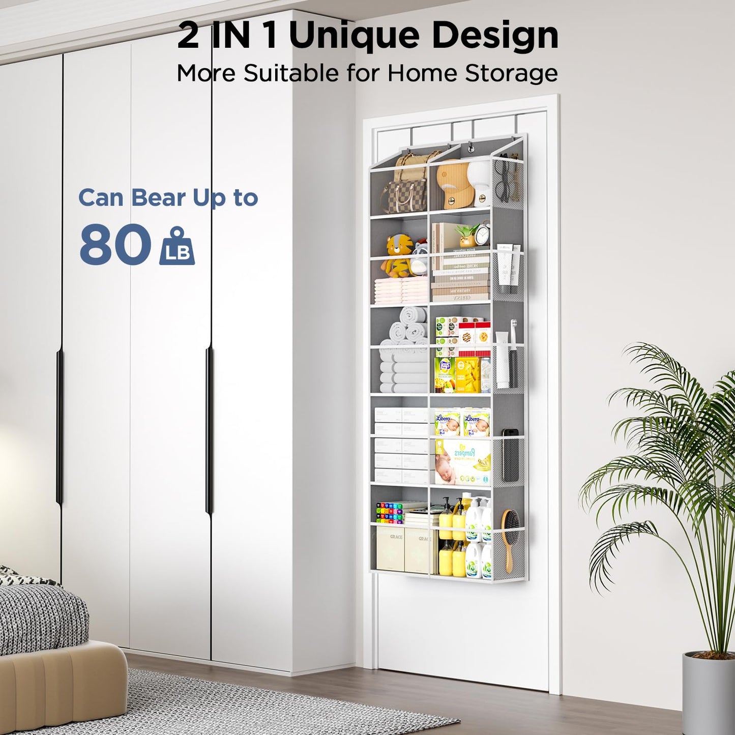 PureSpace 5-Tier Over The Door Organizer with 10 Side Mesh Pockets & Clear Windows, 80 lbs Weight Capacity Hanging Storage for Bathroom, Bedroom, Nursery, Kitchen, Organize Shoes, Diapers(Clear Grey)