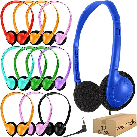 Kids Headphones Bulk 12 Pack for Classroom School Students, Wholesale Multi Color Wired Class Set Headphones for Children Toddler Boys Girls Teen and Adult (HY857,12 Mixed)
