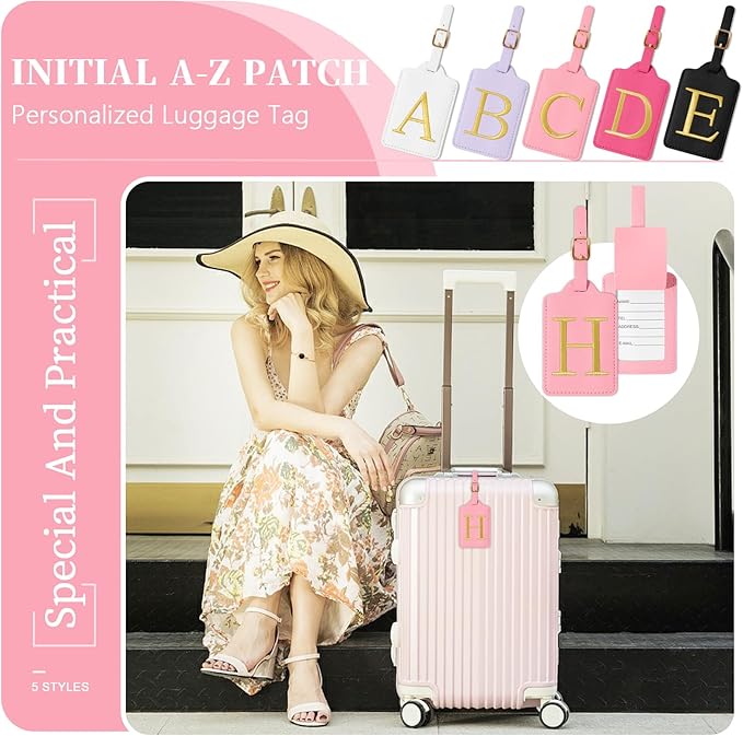 Personalized Initial Luggage Tags for Suitcase, Pink Leather Cute Luggage Tags with Privacy Cover Name Card, Embroidered Custom Monogrammed Luggage Tag Travel Bag Baggage Tags Gifts for Women Kids(H)