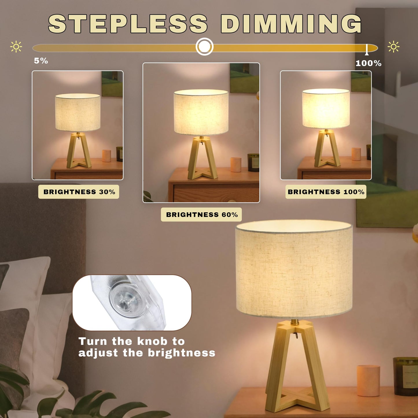 Booniture Cross-Base Table Lamp, Small Bamboo Bedside Lamp with Beige Linen Lampshade, Boho Modern Nightstand Lamp for Bedroom Living Room Office,E26 Socket (Natural Color)