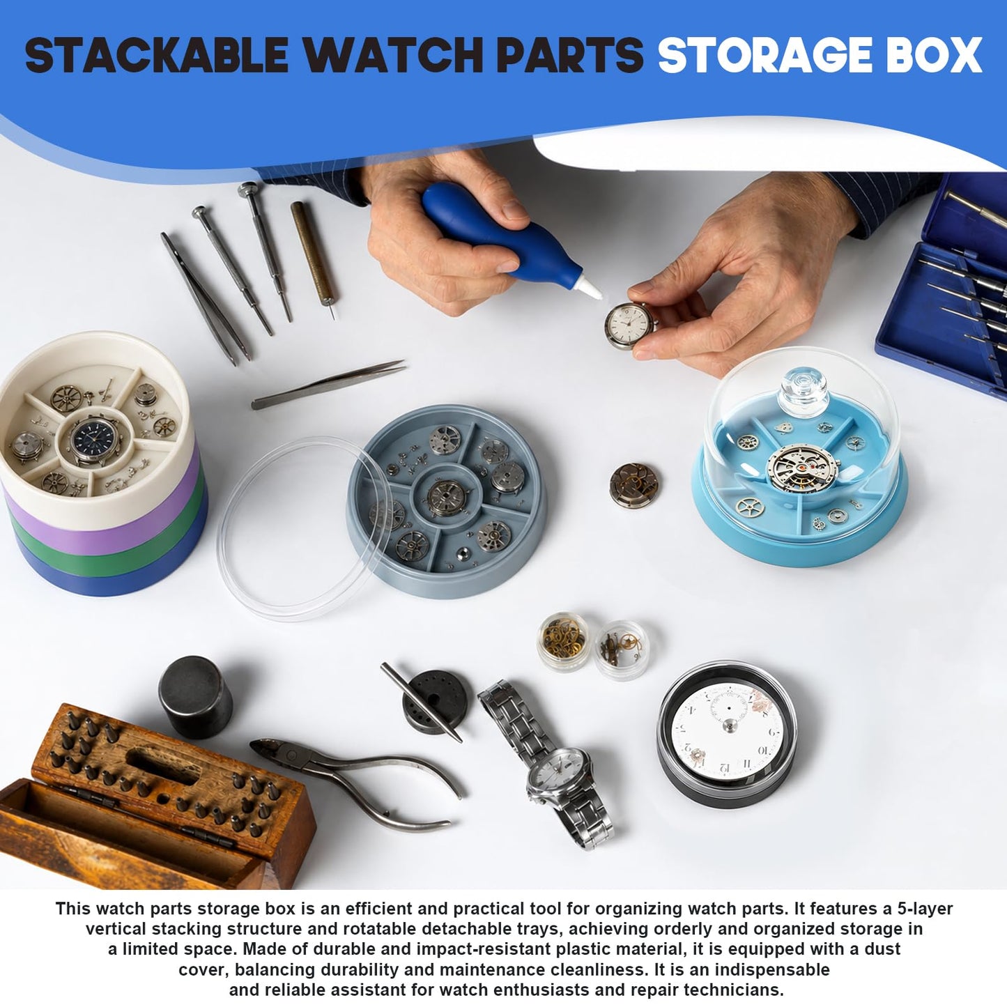 stufool 4 Pcs Watch Parts Organizer Kit with Movement Dust Cover, Parts Storage Box, Dial Storage Box, Air Blower Dust Blaster for Watch Repair