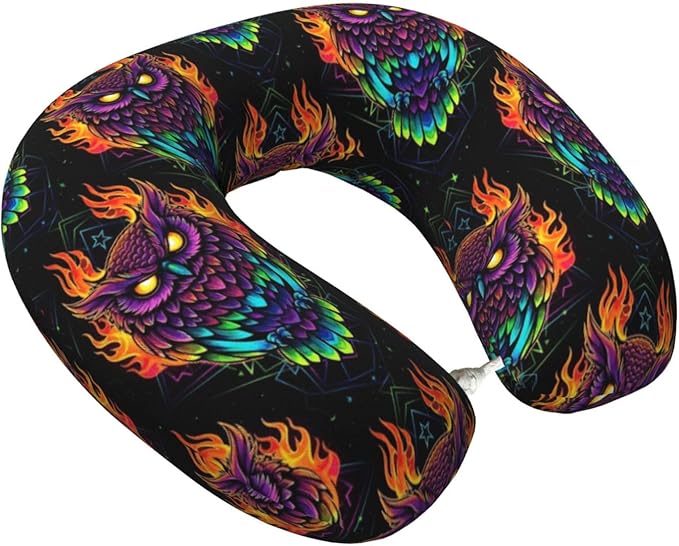 Travel Neck Pillow for Pain Relief Sleeping, Abstract Owl Fire Art, Comfortable Memory Foam Chin Head Cushion Support with Zip Cover, Fashion Car Flight Pillows