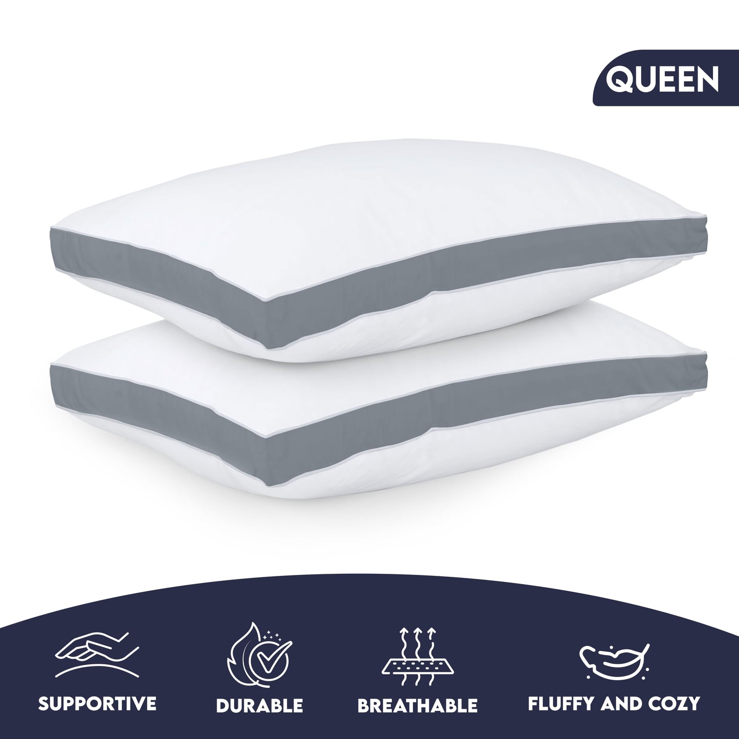 Utopia Bedding Bed Pillows for Sleeping Queen Size (Grey), Set of 2, Soft & Fluffy Pillow with Down Alternative Filling, Cooling, Hotel Quality, Gusseted Pillow for Back, Stomach or Side Sleepers