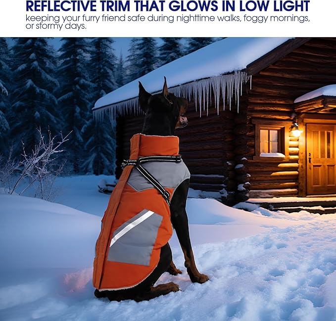 FUAMEY Dog Winter Jackets for Large Dogs,Dog Coat with Harness Built in,Waterproof Dogs Snowsuits Warm Pet Jacket Zip Up Fleece Cold Weather Coats Reflective Safety Pets Hunting Vest Orange L