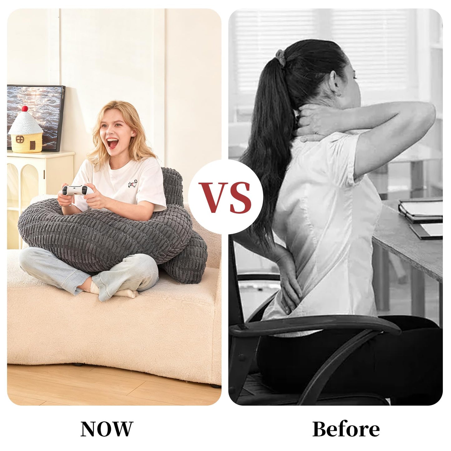 PAJEO Reading Pillow for Bed 17",Durable Striped Corduroy U Shaped Backrest with Arm Support,Ergonomic Gaming Cushion for Students,Small Bedroom Lounging,Medium - Gray