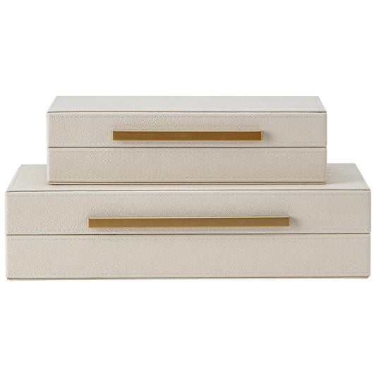 SYYSY Set of 2 Beige Shagreen Decorative Storage Boxes with Gold Metal Handles – Faux Leather Jewelry & Memory Boxes, Nesting Photo Organizers for Home Decor