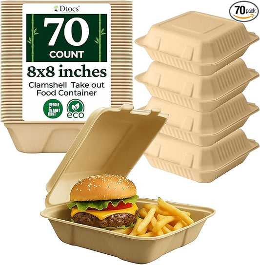 Dtocs Compostable Clamshell To Go Food Containers 8x8-70 Pc | Bamboo Fiber Heavy-Duty Disposable Microwavable Carry Out Container | Biodegradable Take Out Containers with Lids For Home, Chefs
