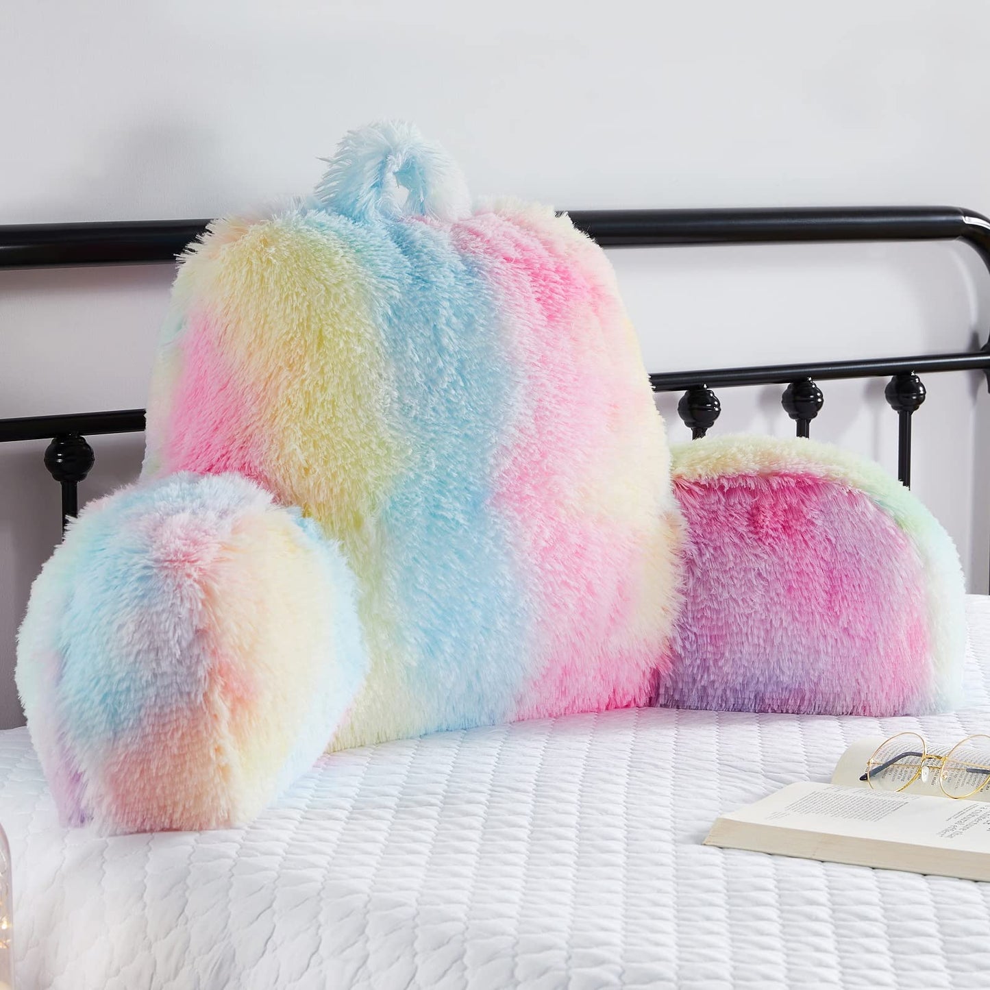 Hobed Life Faux Fur Backrest Pillow for Kids, Teen Reading Pillow with Arms, Fluffy Back Support Pillow for Sitting Up in Bed/Couch, Bed Wedge Pillow for Girls, Reading & Bed Rest Pillows (Pink)