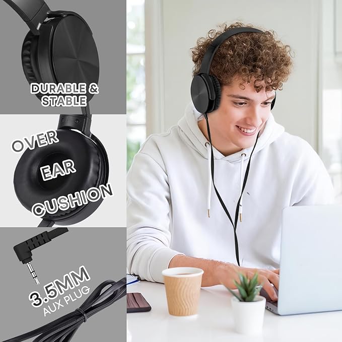 5 Pack Kids Headphones Bulk for School Classroom, Durable Students Wired Headset for Children Toddler Teen Boys Girls and Adult, Comfort On Ear Earphones for Laptop PC Chromebook (LS450, 5 Black)
