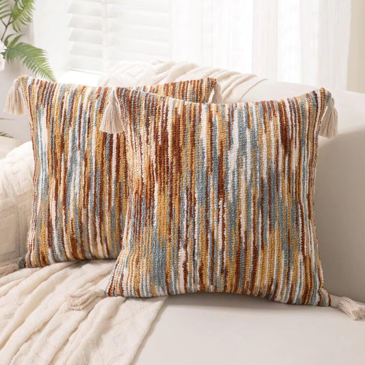 WANLIRD Boho Throw Pillow Covers 18x18 Set of 2 Woven Tufted Farmhouse Pillows Cover with Tassels Textured Striped Cushion Case Neutral Pillow Cases Decorative Pillowcase for Sofa Couch Bed,Rust