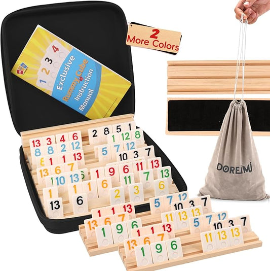 Deluxe Rummy Cube Game Set 6 Colors with 8 Wooden Racks 162 Rummy Tiles, Travel Family Board Game for Adults and Kids Age 8+,Birthday Gifts for Women Men Dad Mom