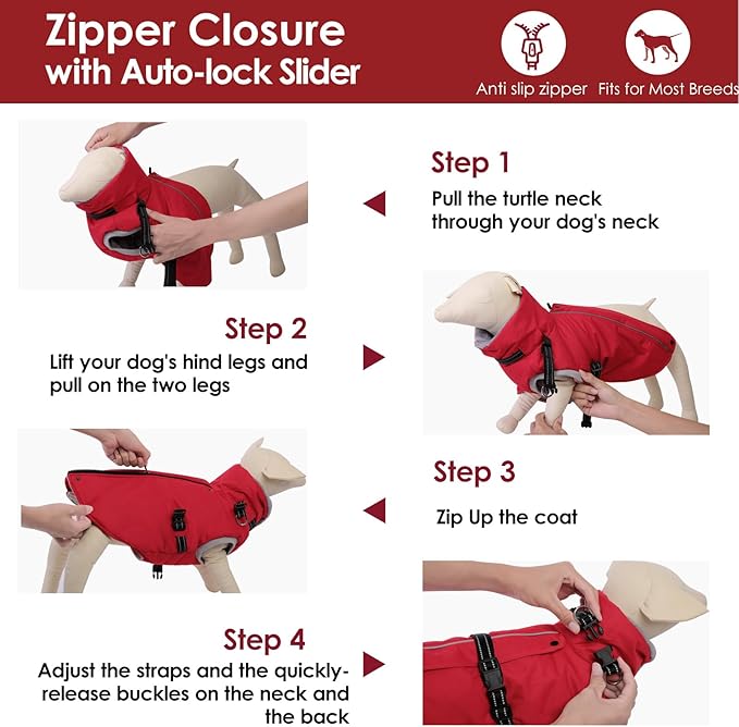 AOFITEE Small Dog Coat with Harness Built in, Fleece Dog Winter Jacket, Reflective Puppy Winter Coat with Zipper On Back, Warm Turtleneck Pet Sweater Windproof Puffer Jacket for Chihuahua, Yorkie, XS