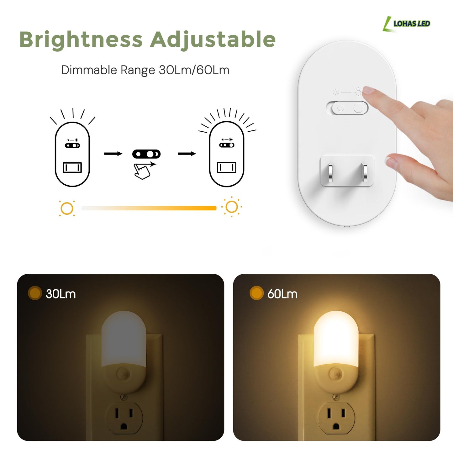 L LOHAS LED Motion Sensor Night Light, 2Pack, Motion Activated Night Light, Night Lights Plug into Wall, 3CCT Amber/3000K/5000K, Adjustable Brightness 30/60LM, for Kids Adults Bathroom Bedroom