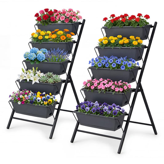 Giantex 5 Tier Vertical Planter Set of 2, Raised Garden Bed with Drainage Holes & Removable Trays, Metal Frame Elevated Planter Boxes for Herbs Vegetables Flowers, Indoor Outdoor Patio Balcony
