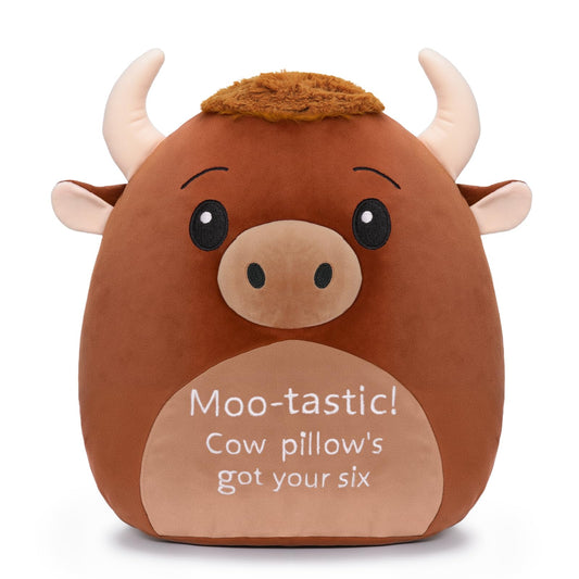 AGIFTMIND 12 inch Cute Highland Cow Stuffed Animals Soft Cow Plush Pillow with Motivational Message for Adults Birthday Decorations (Brown)