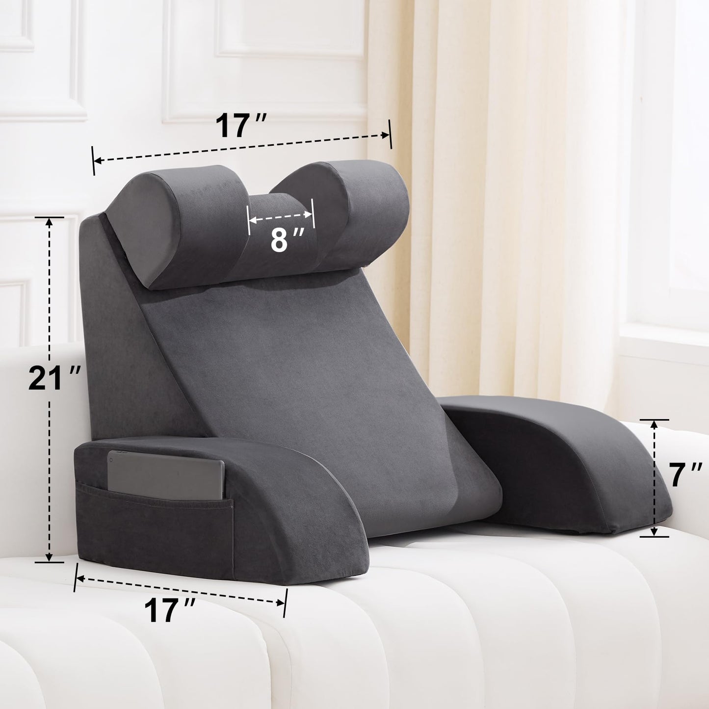 Velorose Reading Pillow for Sitting in Bed Adult, Back Pillow for Bed Sitting up, Backrest Pillow with Arms, Back Support Pillows for Gaming Lounging Watching TV, Large 21" Grey