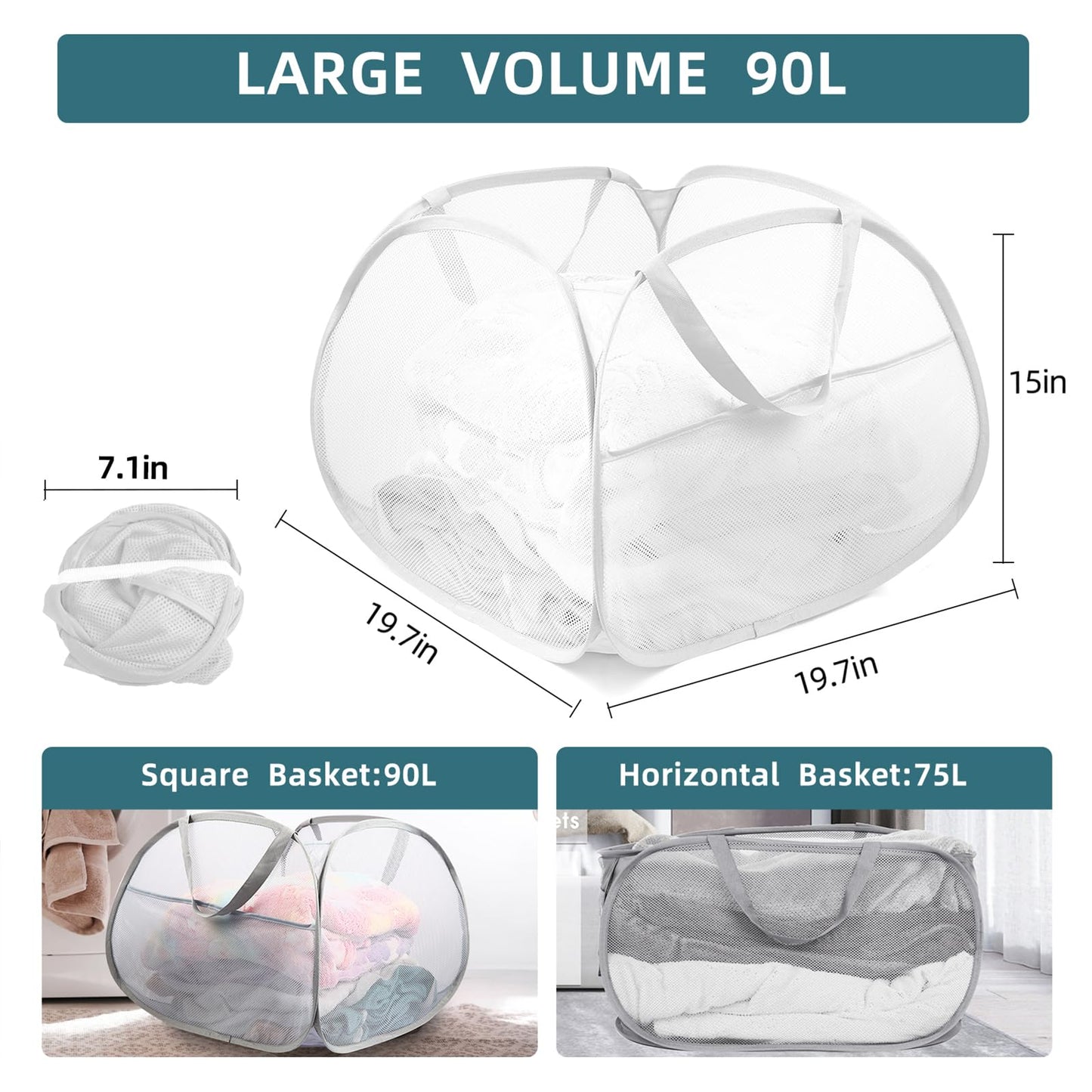 2 Pack Collapsible Laundry Baskets, 90L Large Foldable Laundry Basket, Durable Mesh Pop Up Hampers for Laundry, Dirty Clothes Laundry Hamper for Bedroom, Bathroom, Dorm, Laundry Room, Travel White