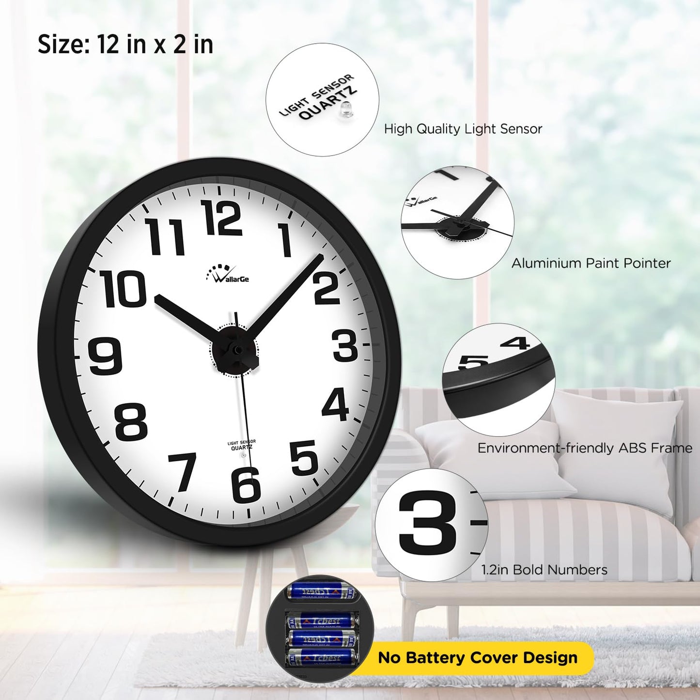 WallarGe Night Light Wall Clock for Bedroom - Silent Lighted up Wall Clock Glow in the Dark, Battery Operated Wall Clocks for Living Room/Kitchen, Easy to Read Large Digital Display, 12 Inch