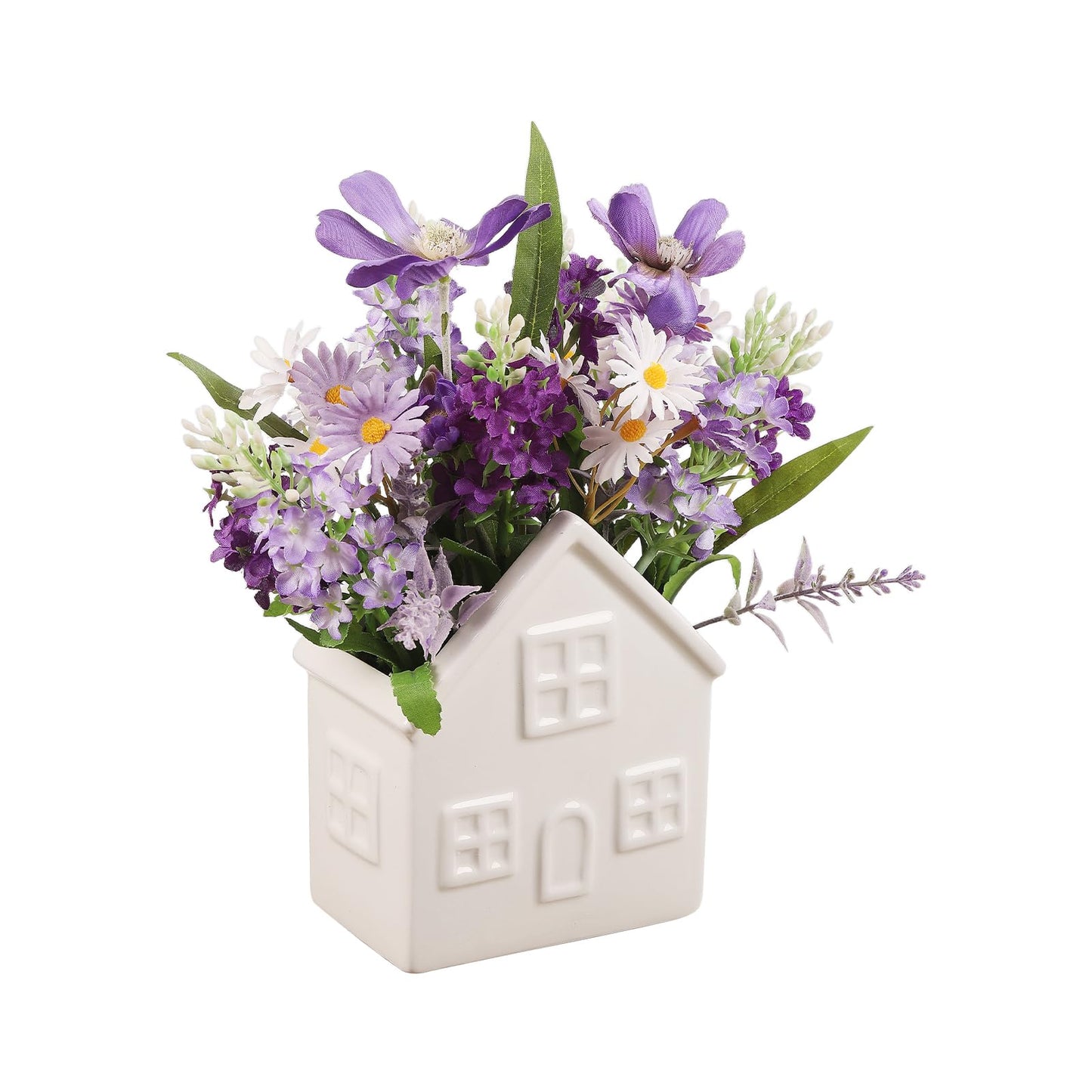 Hessessl Small Fake Flowers Plants, Mini Artificial Lavender Flowers Purple Daisy in Ceramic Pot, Faux Potted Plants for Centerpiece Table Decorations Home Office Bathroom Tabletop Spring Decor