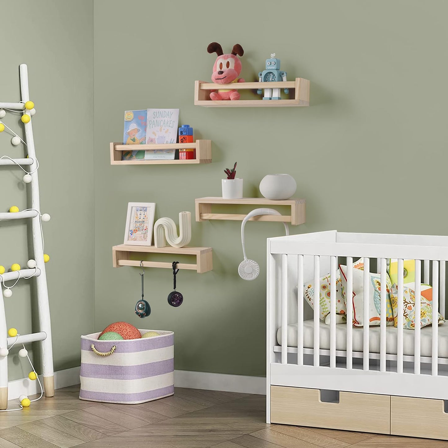 DUICIRX Nursery Room Shelves Set of 4, Wood Floating Book Shelves for Kids Room, Baby Book Shelf for Nursery, Kitchen Spice Rack (Natural Wood)