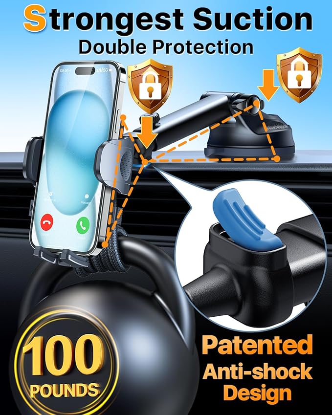 2026 Ultimate Best【True Military-Grade & Safety Cert】Car Phone Holder HTU【Upgraded 5-in-1 & 100+LBS Strongest Suction】360 Rotation Truck Windshield Dashboard Vent Mount Stand for iPhone Android, Black