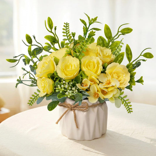 Mandarooker Yellow Artificial Silk Roses with Ceramic Vase, No Maintenance Faux Flower Arrangement, 6.3 Inch Realistic Table Decor for Home Office Wedding
