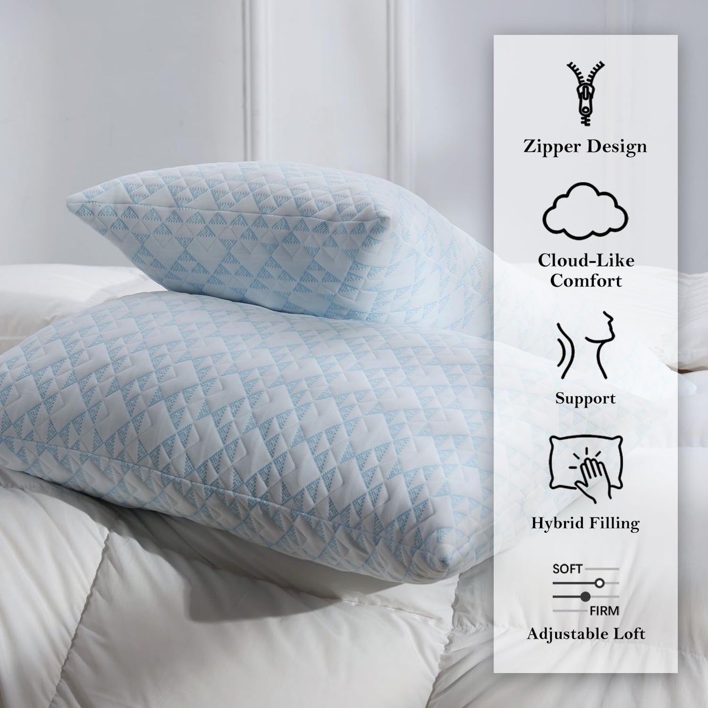 Meoflaw Adjustable Memory Foam Bed Pillows:Queen Size Shredded Foam Pillow Set of 2 for Sleeping with Removable & Washable Pillowcase for Back,Side & Stoamch Sleeper-Medium Firm