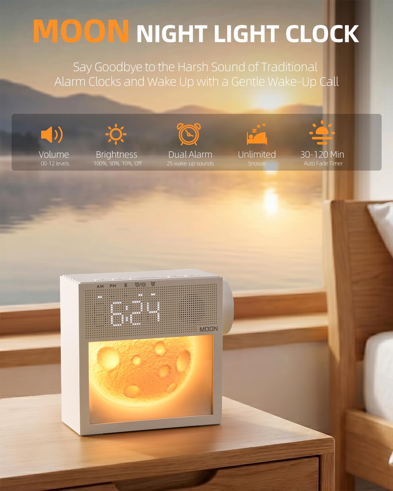 Bokefo Sunrise Alarm Clock and White Noise Sound Machine with 20 Soothing Sounds Moonlight Night Light Dual Alarms Bedroom Decor Desk Clock for Heavy Sleepers Adults Kids Baby