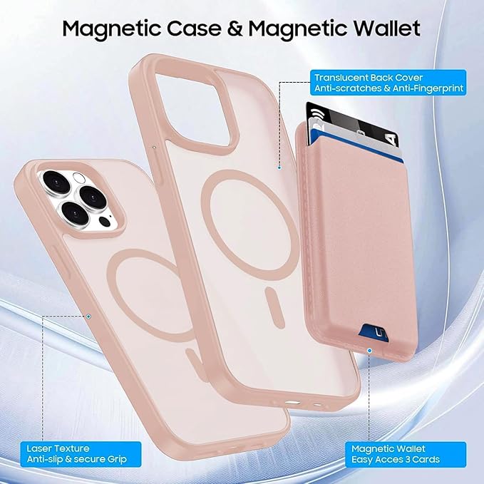 Ntwinro Magnetic for iPhone 14 Pro Case (Compatible with MagSafe) with Detachable Wallet & Card Holder for 3 Cards [RFID Blocking] Military Grade Protective Slim Phone Cover, Pink