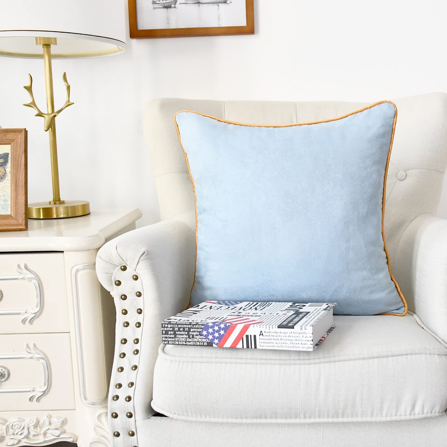 CaliTime Throw Pillow Covers Pack of 2 Super Soft Faux Suede Gold Piping Edge Accent Cushion Case for Couch Bed Sofa Farmhouse Decorative 18 X 18 Inches Light Blue