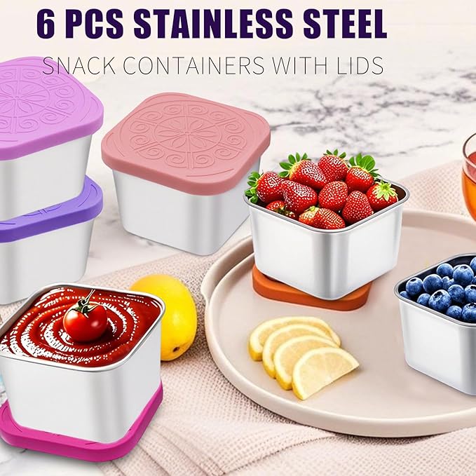 sagact 304 Premium Stainless Steel Snack Containers with Silicone Lids, Snackle Box Containers, Easy-Open Leak-Proof Kids for Taking Out for a Picnic, Lunch Box and Travel. (All-6, 6 OZ)