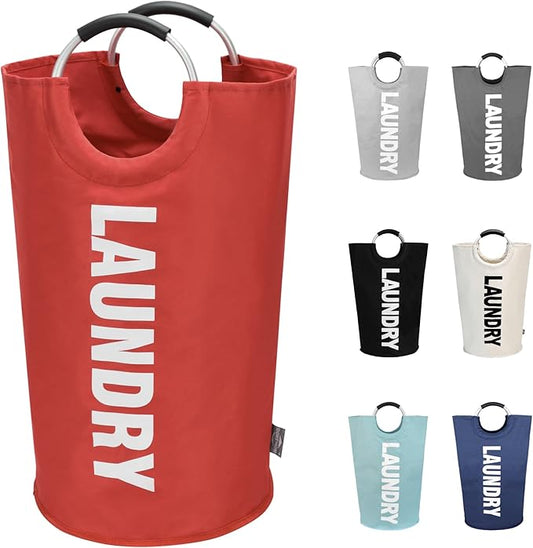 DOKEHOM 90L Large Laundry Basket, Collapsible Laundry Bag, Freestanding Tall Clothes Hamper, Foldable Washing Bin (Red)