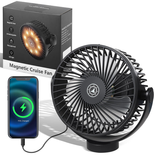 Fanopera Magnetic Cruise Fan with 12000mAh Battery - Portable Cabin Air Circulator, 3-Speed LED Desk Fan with Timer, Power Bank & Ceiling/Wall Mount, Cruise Ship Approved for Travel (Black)