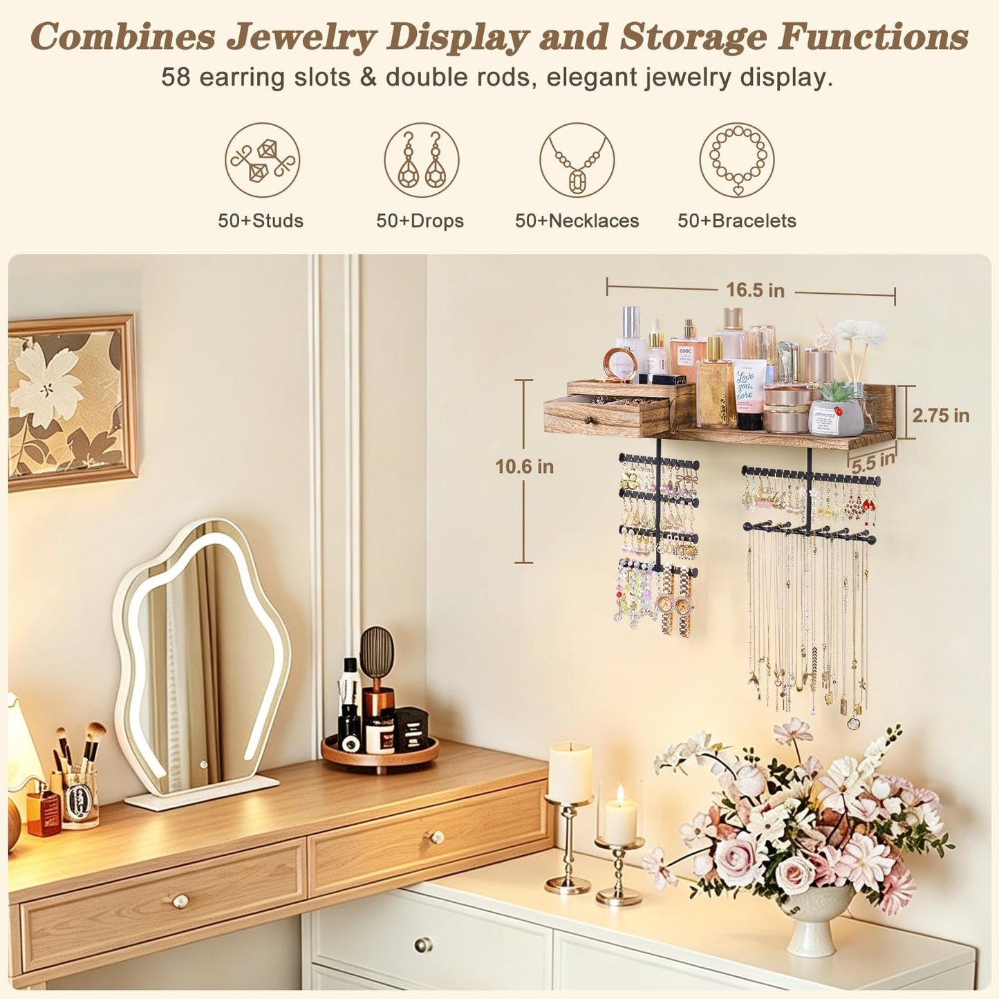 VINAEMO Jewelry Organizer Hanging Wall Mounted Jewelry Holder with Rustic Wood Drawer & Large Capacity Storage Shelf Rack Display for Earrings Rings Necklaces Bracelet