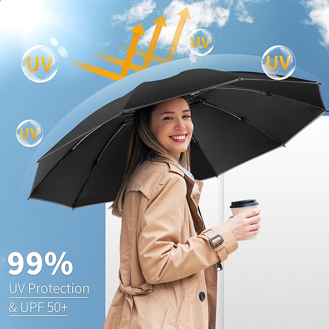 Seniny Inverted Travel Umbrella, Automatic Umbrellas for Rain, Windproof Compact Umbrella with Reflective Stripe, Folding UV Umbrella Sun Umbrella, Portable Large Umbrella for Backpack, Lightweight