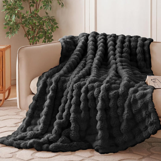Wajade Fluffy Faux Fur Throw Blanket for Couch Bed 90x90, Luxury Soft Thick Fuzzy Plush Bubble Blanket, Warm Cozy Blanket for Sofa Chair, Black