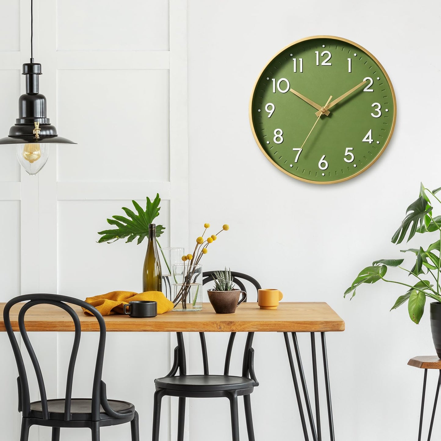 Mosewa Wall Clock 14 Inch, Battery Operated Non-Ticking Modern Analog Clock Decorative for Kitchen, Bedroom, Office, Home(Olive Green and Gold)