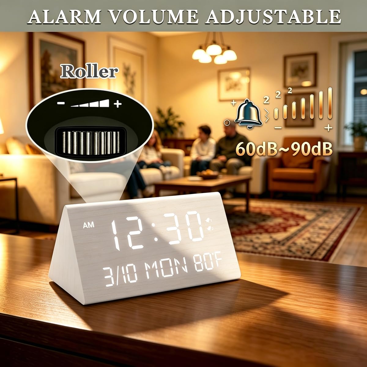 Kogonee Wooden Digital Alarm Clock, 0-100% Dimmer, 2 Alarm Settings, Weekday/Everyday Mode, 9 Mins Snooze, 12/24H, Temperature and Date Display for Office, Travel, Bedroom Alarm Clock (White)