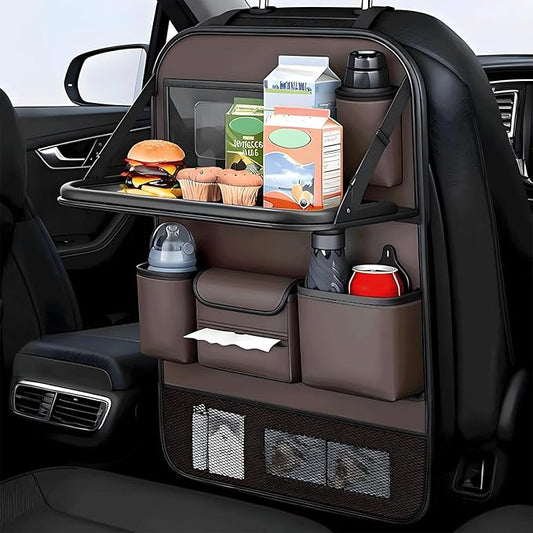 FASTAGEI Universal Foldable Car Backseat Organizer with Table Tray, Car Seat Back Protector with Touch Screen Phone Holder, Premium Leather Kick Mats with Storage Pockets Tissue Holder (Brown)