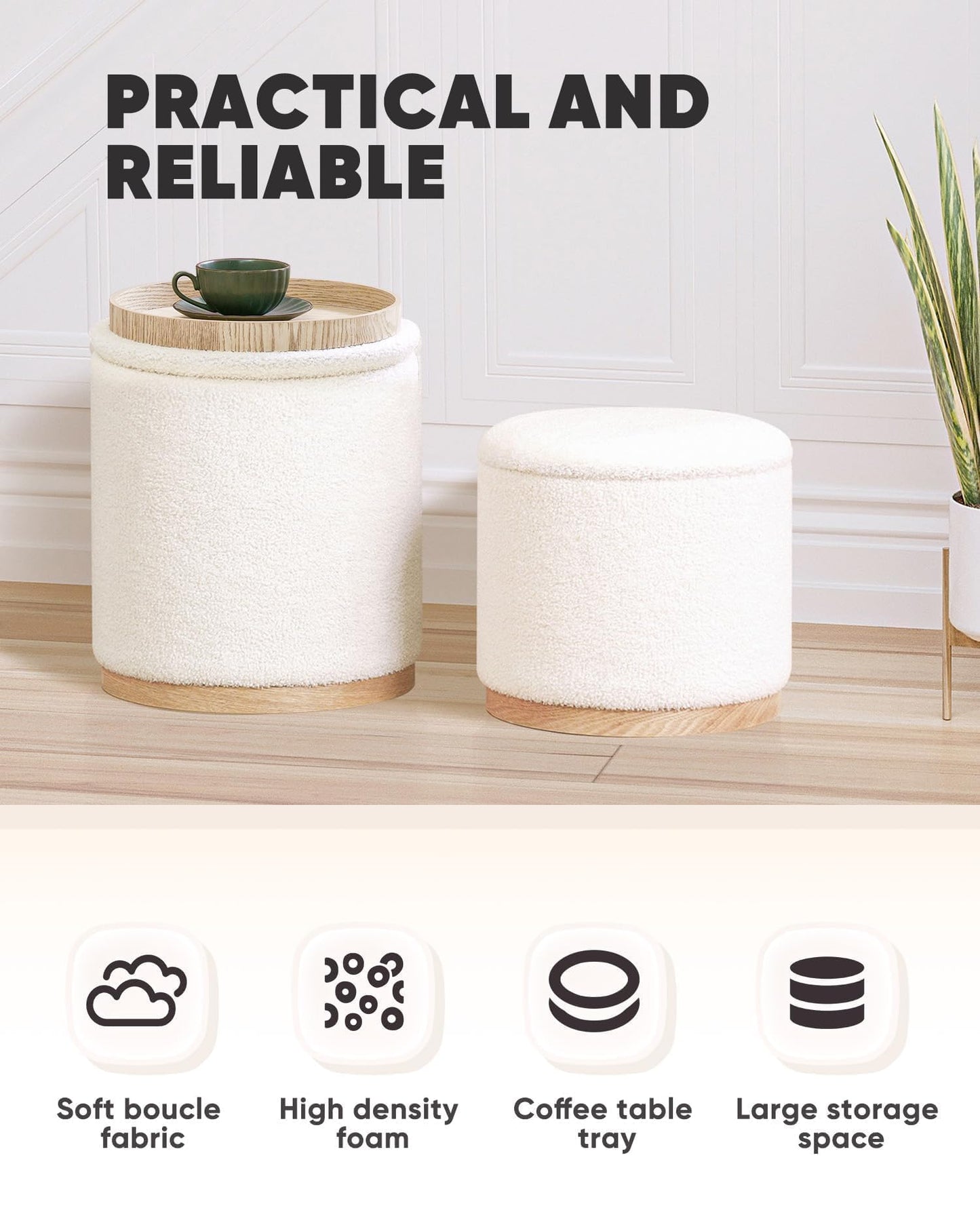 B FSOBEIIALEO Storage Ottoman Round Boucle Ottomans with Tray, Set of 2 Teddy Foot Rest Ottoman Cube with Storage for Living Room, Cream White 15"x15"x16.9"