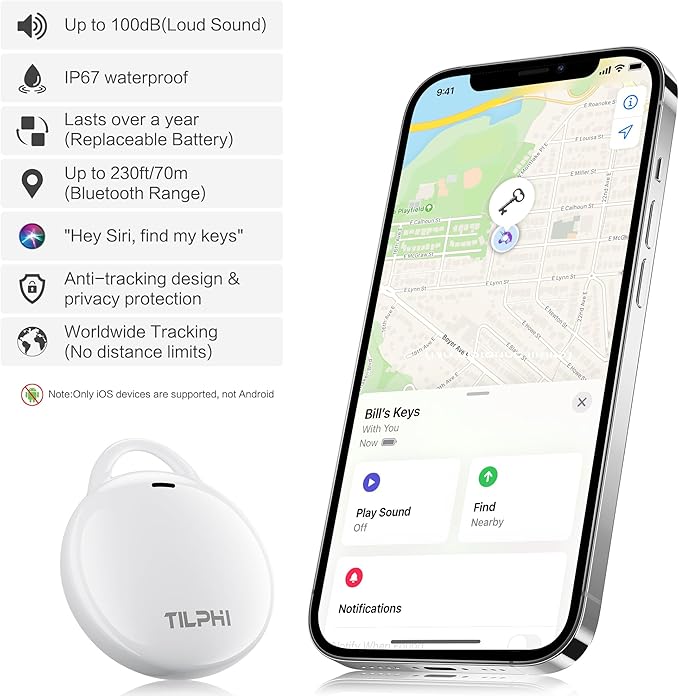 Air Tracker Tags-4 Pack: Bluetooth Tracker Works with Apple Find My (iOS Only), Key Tags and Smart Tag Locator for Luggage, Backpack, Suitcases, Pets, Replaceable Battery(White)