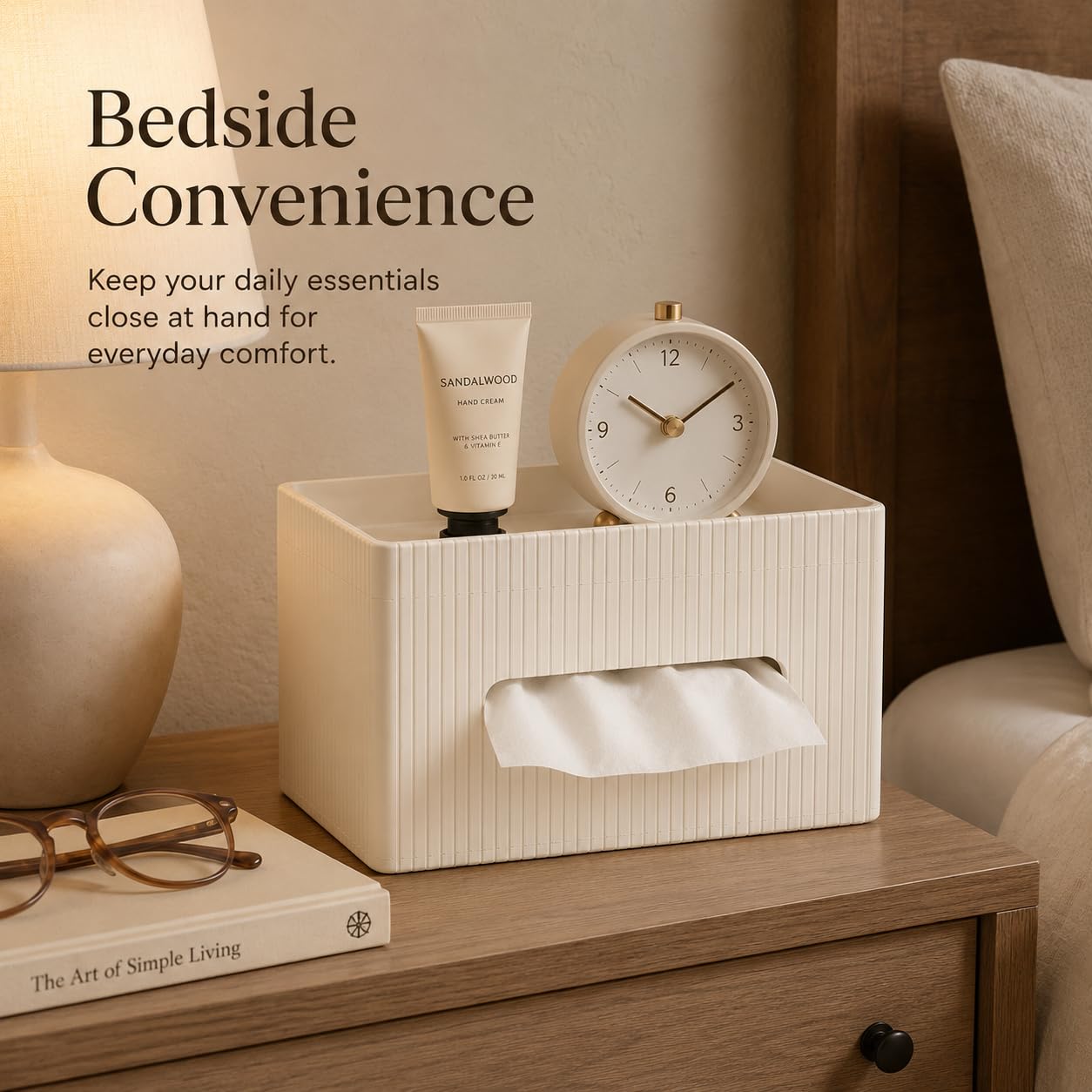 KINGFOM Ribbed PU Leather Tissue Box Cover with Storage Tray, Rectangular Facial Tissue Holder for Bathroom Vanity, Nightstand & Office Desk, Modern Decorative Tissue Dispenser (Ivory White)