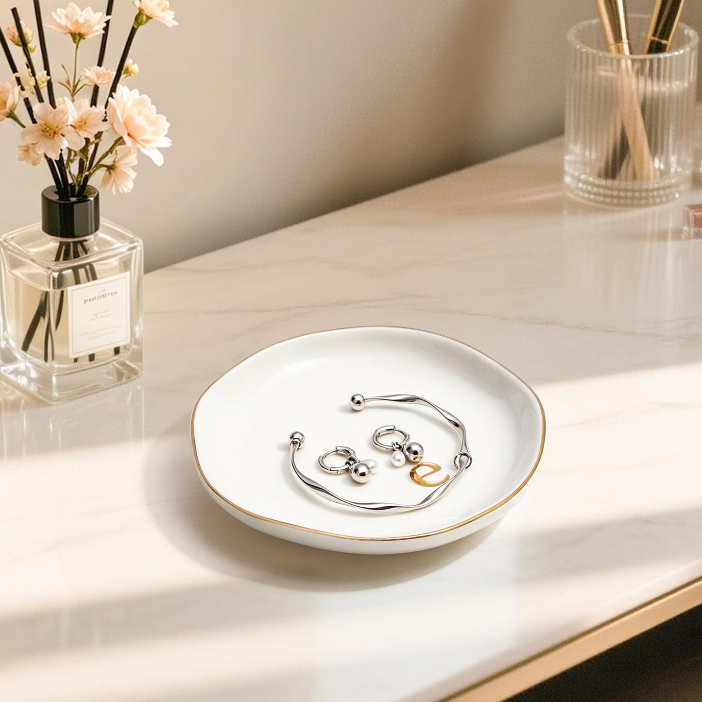 Fyshipin Ceramic Jewelry Tray,Decorative Trinket Dish for Room Decor,Birthday Valentine's Day Mother's Day Graduation Christmas Personalized Gift for Women, 4.75", Gold Rim,Engraved Initial k