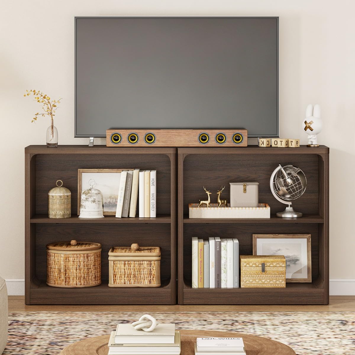FATORRI Small Wooden Bookshelf, 2-Tier Open Bookcase with Rounded Corners, Compact Floor Standing Storage Book Shelf for Living Room, Bedroom, Home Office (Dark Walnut)