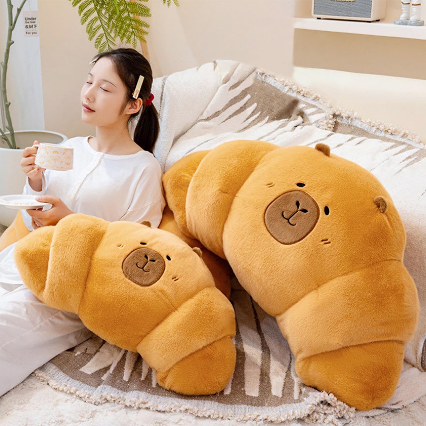 PEACH CAT Croissant Capybara Plush Pillow Cute Toast Bread Stuffed Animals Soft Food Plushies Toy Gifts for Kids 17.7"