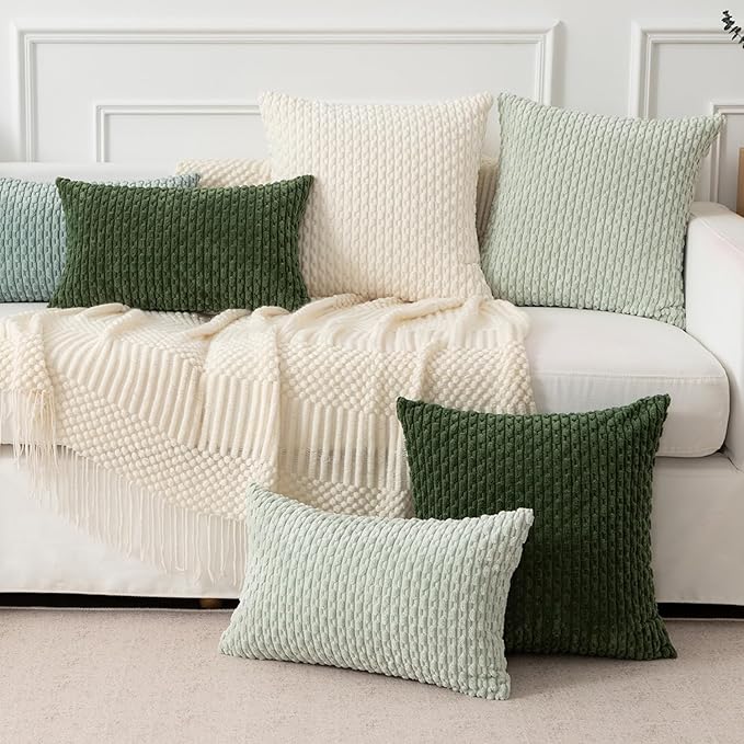 Kevin Textile Throw Pillow Covers Soft Corduroy Decorative Set of 2 Boho Striped Pillow Covers Pillowcases Farmhouse Home Decor for Couch Bed Sofa Living Room 20x20 Inch Moss Green