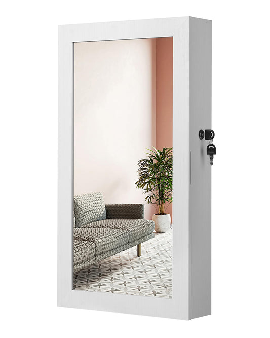 SONGMICS Lockable Jewelry Cabinet Armoire with Mirror, Wall-Mounted Space Saving Jewelry Storage Organizer, White UJJC51WT