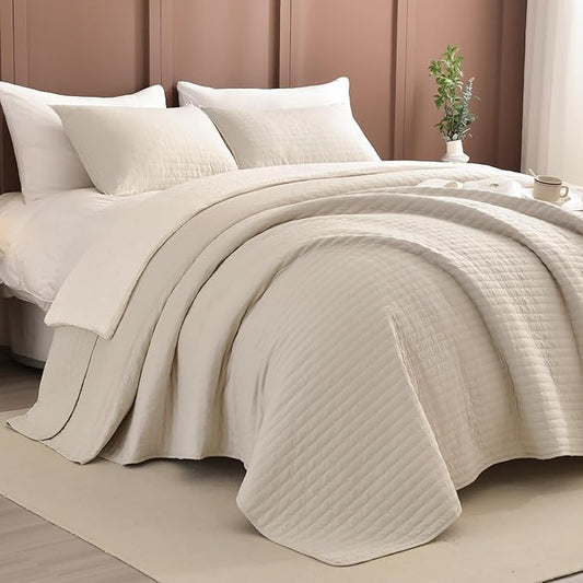 Sanracie California King Bedspreads 120"x120", 100% Cotton Wheat Colored Oversized King Quilt Coverlet Set Extra Large Wide Breathable Lightweight Cozy Cloud Quilt Bed Cover Thin Quilt for All Season