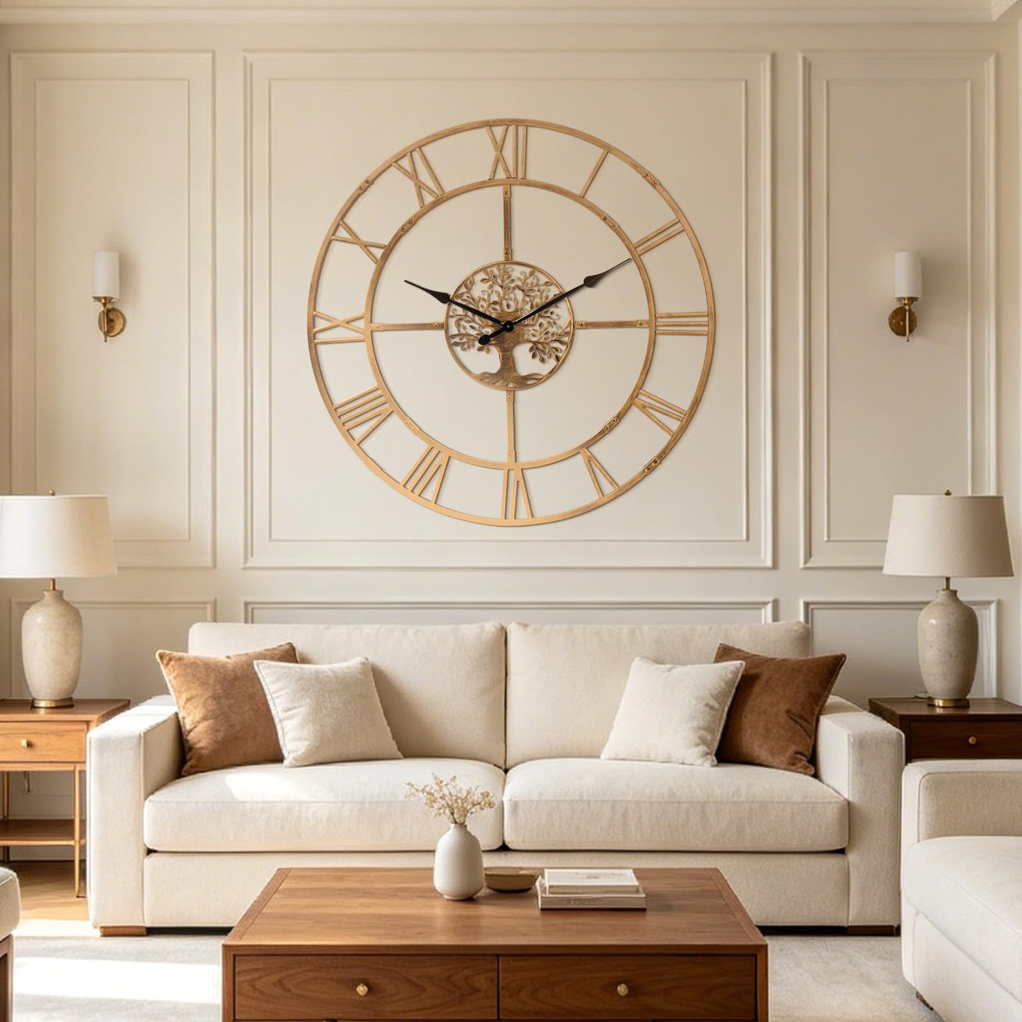 Ohweog 40 Inch Large Wall Clock for Living Room(Quick Assembly) – Bronze Metal Clock with Nature-Inspired Tree Design, Silent Non-Ticking, Battery Operated Roman Numeral Wall Clock for Home Decor