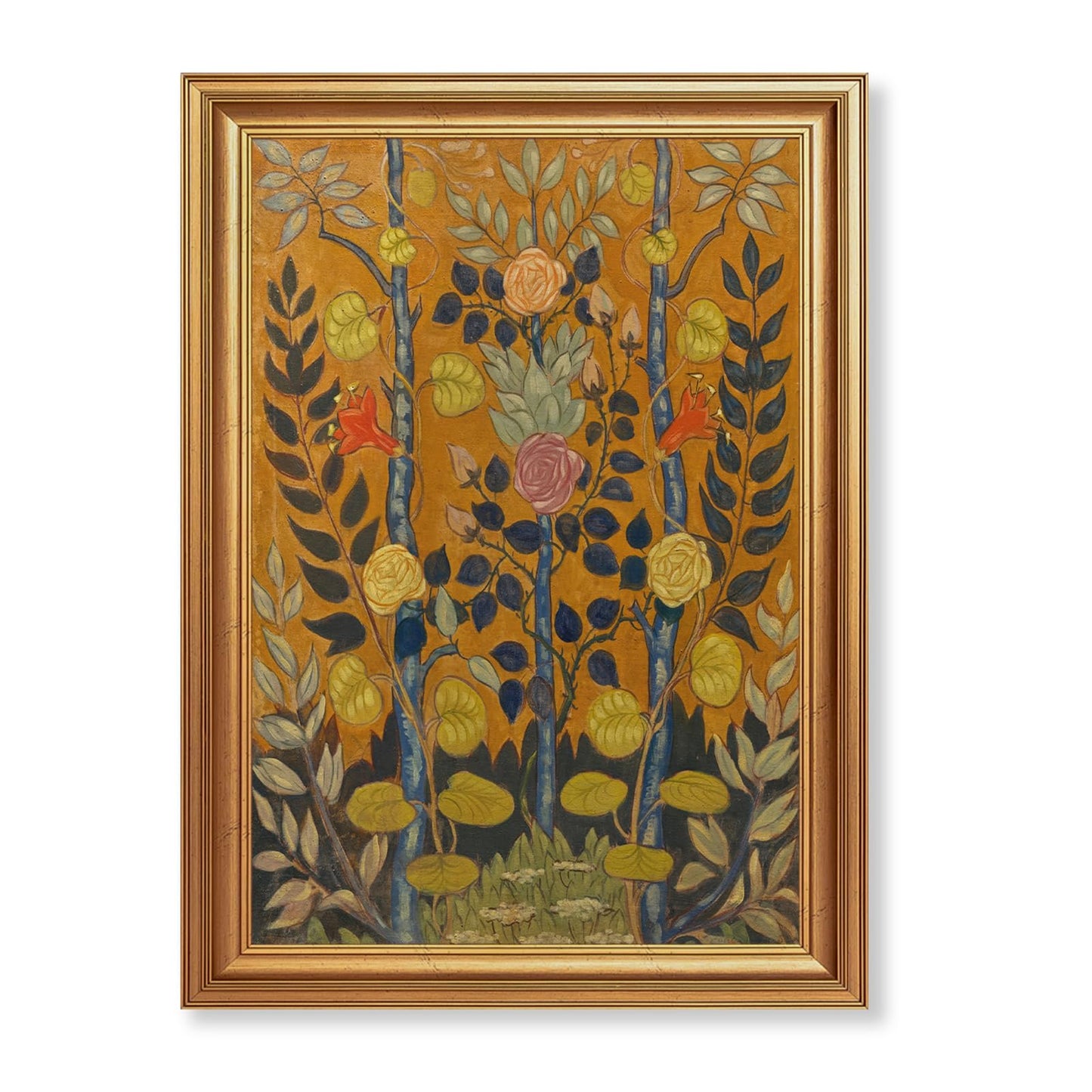 EJPFOGV Art Nouveau Botanical Framed Wall Art on Orange Background 16x24 in